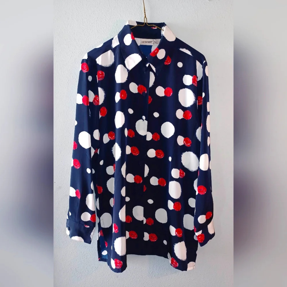 Liz Baker Navy Blue Red White Blouse Vintage